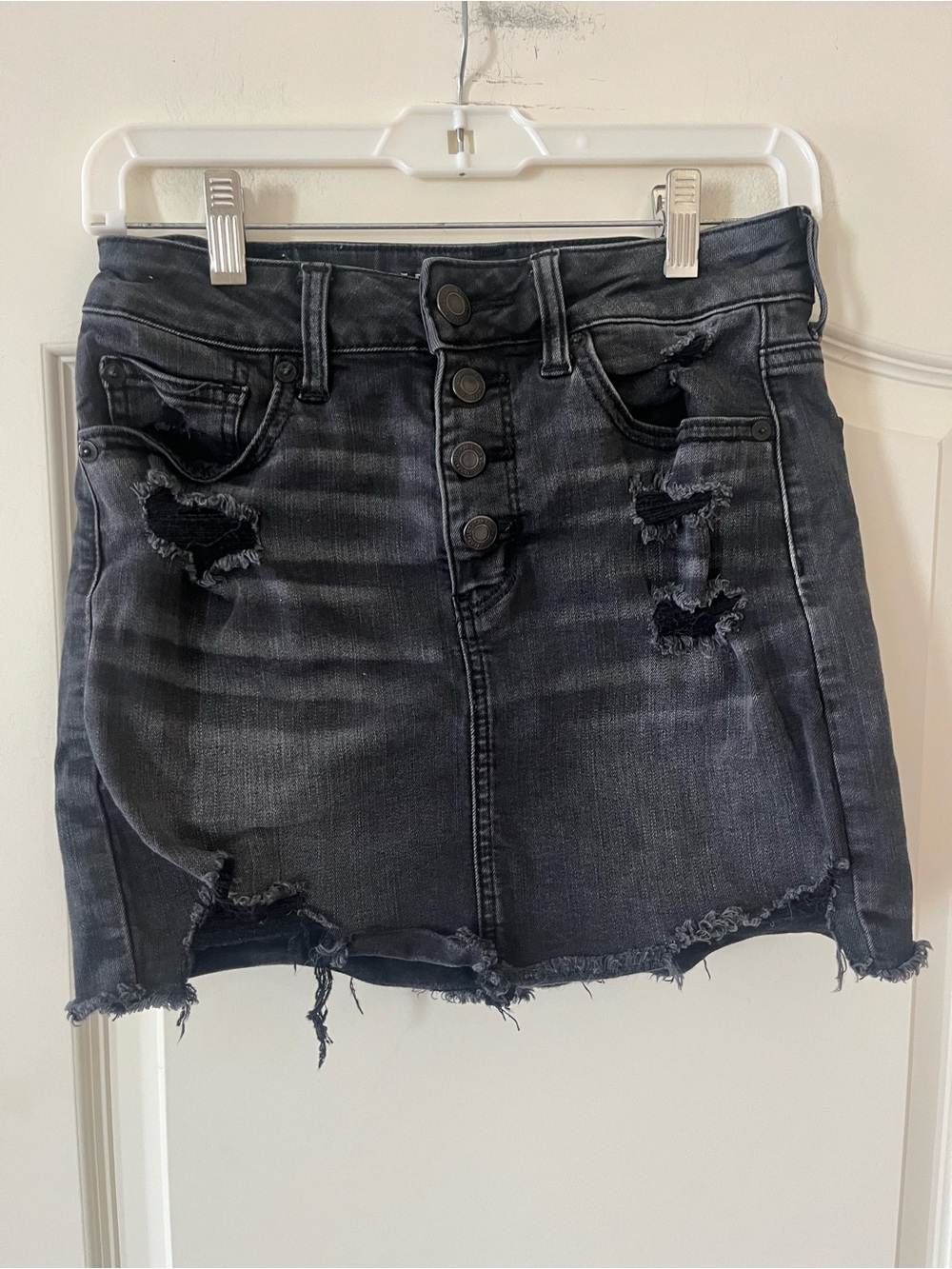 American Eagle Distressed Black Denim Mini Skirt with Button Front Size 2